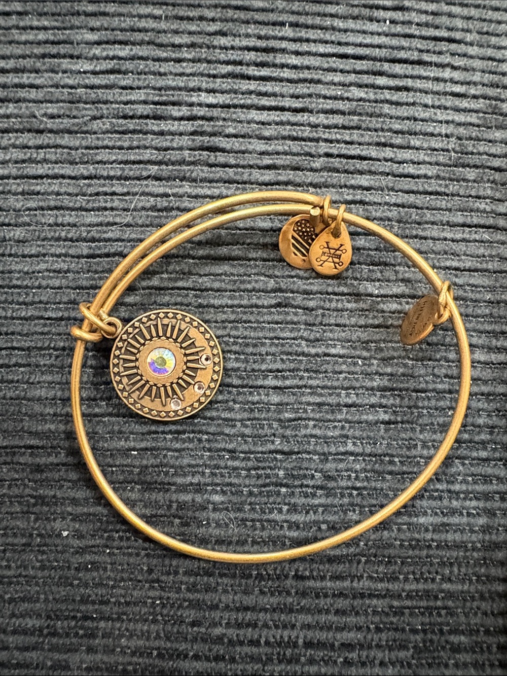 19-Alex and Ani Gold-Tone Sunburst Charm Bangle with Iridescent Center